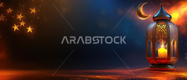 الأجواء الروحانية والاحتفال بالمناسبات والأعياد الدينية الاسلامية ، صورة بانورامية للفانوس التقليدي المعدني المضاء في المملكة العربية السعودية ، البهجة بقدوم شهر الخير  ،استقبال شهر رمضان المبارك