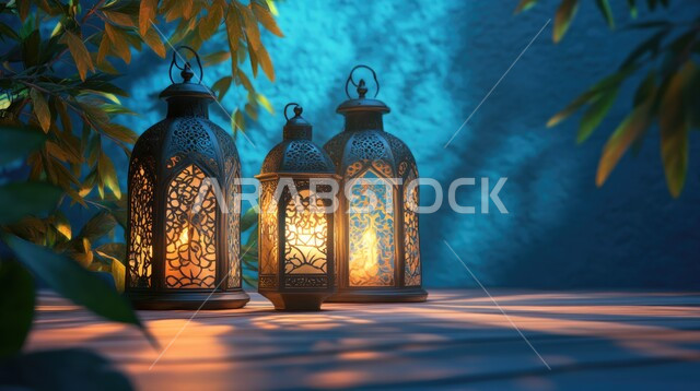 الأجواء الروحانية والاحتفال بالمناسبات والأعياد الدينية الاسلامية ، فوانيس تقليدية معدنية مضاءة في المملكة العربية السعودية ، البهجة بقدوم شهر الخير، استقبال شهر رمضان المبارك