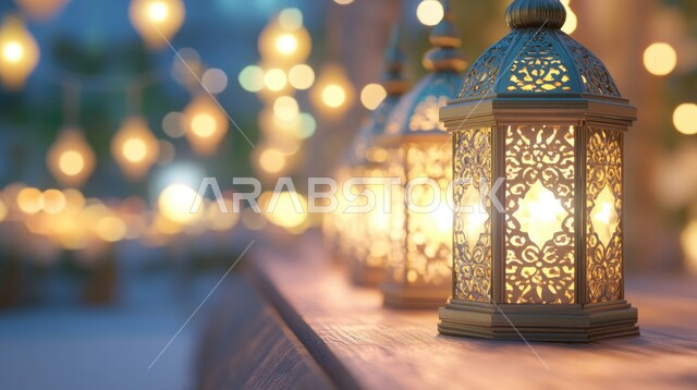 الأجواء الروحانية والاحتفال بالمناسبات والأعياد الدينية الاسلامية ، فوانيس تقليدية معدنية مضاءة في المملكة العربية السعودية ، البهجة بقدوم شهر الخير، استقبال شهر رمضان المبارك