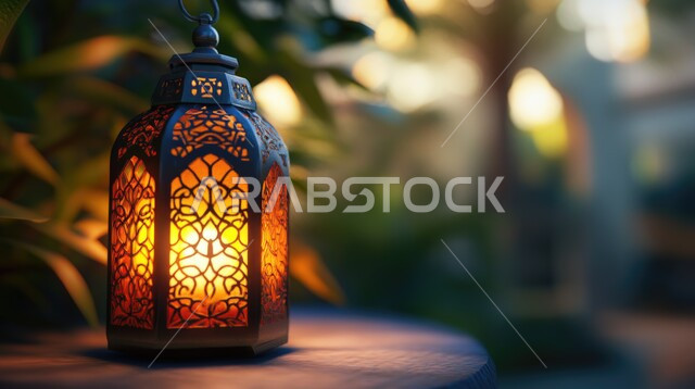 The spiritual atmosphere and celebration of Islamic religious occasions and holidays, a traditional metal lantern lit in the Kingdom of Saudi Arabia, the joy of the arrival of the month of goodness, welcoming the blessed month of Ramadan.
