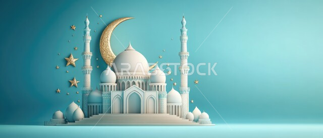 قدوم شهر الخير، رسوم توضيحية ثلاثية الابعاد للمآذن والقبب المزخرفه للمساجد الإسلامية، الديكورات المميزة في رمضان المبارك، العبادة والتقرب إلى الله تعالى، زينة الاعياد والمناسبات الدينية ، خلفية زرقاء