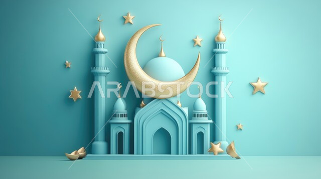 قدوم شهر الخير، رسوم توضيحية ثلاثية الابعاد للمآذن والقبب المزخرفه للمساجد الإسلامية، الديكورات المميزة في رمضان المبارك، العبادة والتقرب إلى الله تعالى، زينة الاعياد والمناسبات الدينية ، خلفية زرقاء