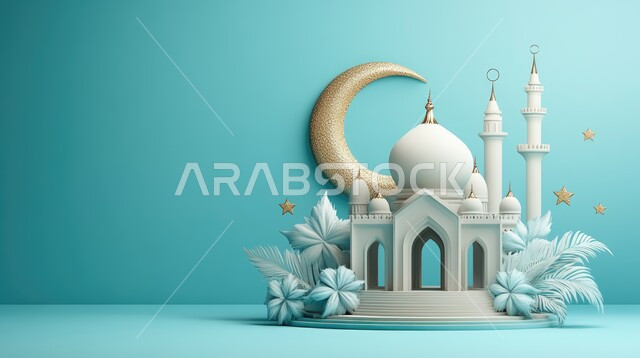قدوم شهر الخير، رسوم توضيحية ثلاثية الابعاد للمآذن والقبب المزخرفه للمساجد الإسلامية، الديكورات المميزة في رمضان المبارك، العبادة والتقرب إلى الله تعالى، زينة الاعياد والمناسبات الدينية ، خلفية زرقاء