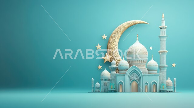 قدوم شهر الخير، رسوم توضيحية ثلاثية الابعاد للمآذن والقبب المزخرفه للمساجد الإسلامية، الديكورات المميزة في رمضان المبارك، العبادة والتقرب إلى الله تعالى، زينة الاعياد والمناسبات الدينية ، خلفية زرقاء