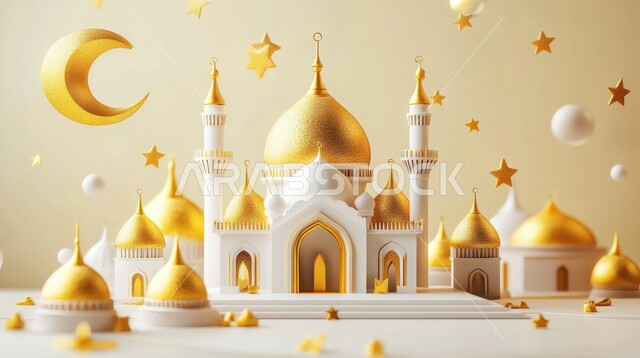 رسوم توضيحية ثلاثية الابعاد للمآذن والقبب المزخرفه للمساجد الإسلامية، قدوم شهر الخير، صورة بانورامية للديكورات المميزة في رمضان المبارك، العبادة والتقرب إلى الله تعالى، زينة الاعياد والمناسبات الدينية