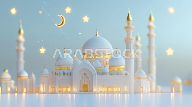 رسوم توضيحية ثلاثية الابعاد للمآذن والقبب المزخرفه للمساجد الإسلامية، قدوم شهر الخير، صورة بانورامية للديكورات المميزة في رمضان المبارك، العبادة والتقرب إلى الله تعالى، زينة الاعياد والمناسبات الدينية
