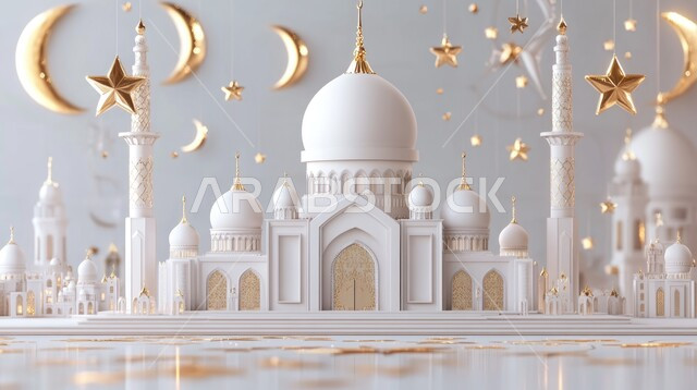 رسوم توضيحية ثلاثية الابعاد للمآذن والقبب المزخرفه للمساجد الإسلامية، قدوم شهر الخير، صورة بانورامية للديكورات المميزة في رمضان المبارك، العبادة والتقرب إلى الله تعالى، زينة الاعياد والمناسبات الدينية