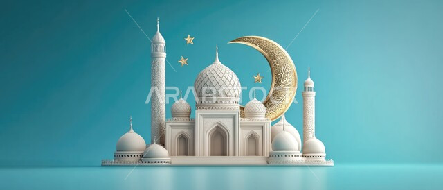 رسوم توضيحية ثلاثية الابعاد للمآذن والقبب المزخرفه للمساجد الإسلامية، قدوم شهر الخير، صورة بانورامية للديكورات المميزة في رمضان المبارك، العبادة والتقرب إلى الله تعالى، زينة الاعياد والمناسبات الدينية، خلفية زرقاء
