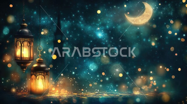 منظر السماء مع ضوء القمر في وقت الليل, قدوم شهر الخير ، فانوس وإضاءه ملونه، ديكورات وتحف و اكسسوارات شهر رمضان المبارك, الفن الهندسي المعماري للمساجد، مفهوم العبادة والتقرب إلى الله،  أداء الفرائض والصلوات، خلفيات دينية رمضانية