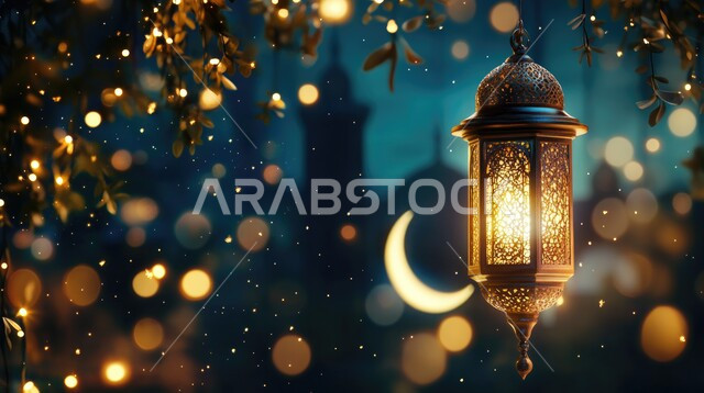 منظر السماء مع ضوء القمر في وقت الليل, قدوم شهر الخير ، فانوس وإضاءه ملونه، ديكورات وتحف و اكسسوارات شهر رمضان المبارك, الفن الهندسي المعماري للمساجد، مفهوم العبادة والتقرب إلى الله،  أداء الفرائض والصلوات، خلفيات دينية رمضانية