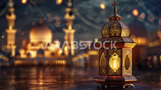 فانوس عربي معدني مزخرف مضيء, تحف وفوانيس تقليدية للاحتفال بقدوم شهر رمضان المبارك، أجواء رمضانية وروحانية إسلامية، زينة وديكورات الاعياد والمناسبات الدينية، خلفية المساجد الاسلامية