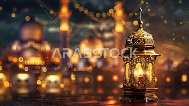 فانوس عربي معدني مزخرف مضيء, تحف وفوانيس تقليدية للاحتفال بقدوم شهر رمضان المبارك، أجواء رمضانية وروحانية إسلامية، زينة وديكورات الاعياد والمناسبات الدينية، خلفية المساجد الاسلامية