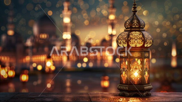 فانوس عربي معدني مزخرف مضيء, تحف وفوانيس تقليدية للاحتفال بقدوم شهر رمضان المبارك، أجواء رمضانية وروحانية إسلامية، زينة وديكورات الاعياد والمناسبات الدينية، خلفية المساجد الاسلامية