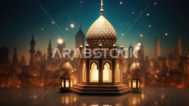 فانوس عربي معدني مزخرف مضيء, تحف وفوانيس تقليدية للاحتفال بقدوم شهر رمضان المبارك، أجواء رمضانية وروحانية إسلامية، زينة وديكورات الاعياد والمناسبات الدينية، خلفية المساجد الاسلامية