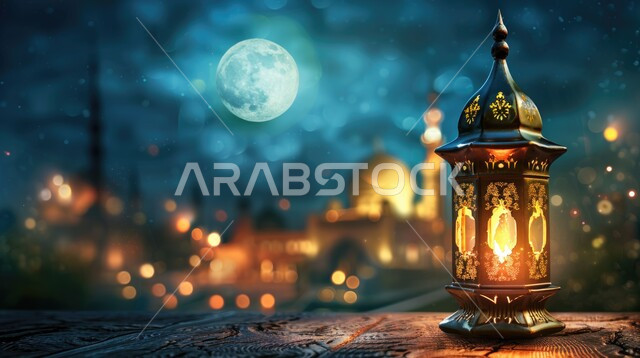 فانوس عربي معدني مزخرف مضيء, تحف وفوانيس تقليدية للاحتفال بقدوم شهر رمضان المبارك، أجواء رمضانية وروحانية إسلامية، زينة وديكورات الاعياد والمناسبات الدينية، خلفية المساجد الاسلامية