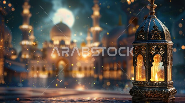 فانوس عربي معدني مزخرف مضيء, تحف وفوانيس تقليدية للاحتفال بقدوم شهر رمضان المبارك، أجواء رمضانية وروحانية إسلامية، زينة وديكورات الاعياد والمناسبات الدينية، خلفية المساجد الاسلامية