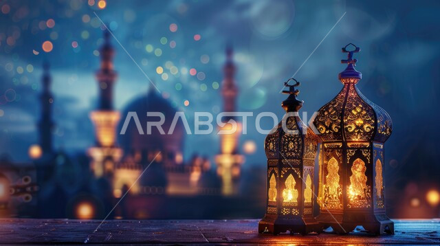 فانوس عربي معدني مزخرف مضيء, تحف وفوانيس تقليدية للاحتفال بقدوم شهر رمضان المبارك، أجواء رمضانية وروحانية إسلامية، زينة وديكورات الاعياد والمناسبات الدينية، خلفية المساجد الاسلامية