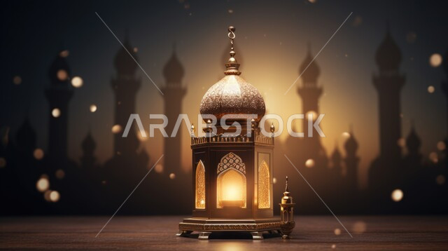 فانوس عربي معدني مزخرف مضيء, تحف وفوانيس تقليدية للاحتفال بقدوم شهر رمضان المبارك، أجواء رمضانية وروحانية إسلامية، زينة وديكورات الاعياد والمناسبات الدينية، خلفية المساجد الاسلامية