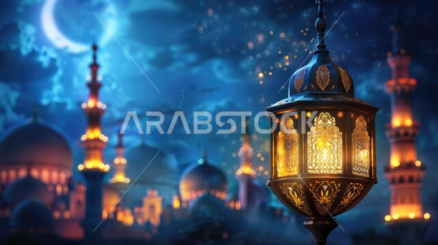 فانوس عربي معدني مزخرف مضيء, تحف وفوانيس تقليدية للاحتفال بقدوم شهر رمضان المبارك، أجواء رمضانية وروحانية إسلامية، زينة وديكورات الاعياد والمناسبات الدينية، خلفية المساجد الاسلامية