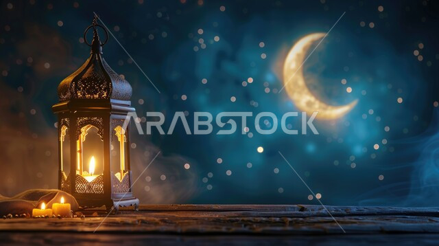 فانوس معدني عربي قديم مزخرف ومضيء على قطعة خشبية، ديكورات وزينة رمضان المبارك، تصاميم و زخارف دينية اسلامية، الاحتفال بقدوم شهر الخير والبركة، استقبال الأجواء الرمضانية الروحانية