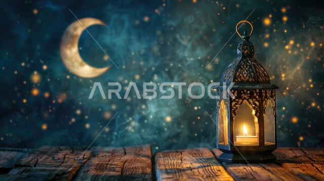 فانوس معدني عربي قديم مزخرف ومضيء على قطعة خشبية، ديكورات وزينة رمضان المبارك، تصاميم و زخارف دينية اسلامية، الاحتفال بقدوم شهر الخير والبركة، استقبال الأجواء الرمضانية الروحانية