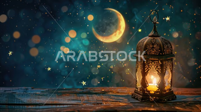 فانوس معدني عربي قديم مزخرف ومضيء على قطعة خشبية، ديكورات وزينة رمضان المبارك، تصاميم و زخارف دينية اسلامية، الاحتفال بقدوم شهر الخير والبركة، استقبال الأجواء الرمضانية الروحانية
