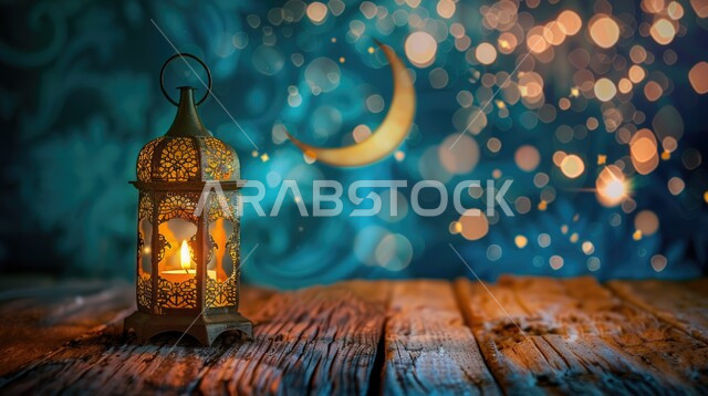 فانوس معدني عربي قديم مزخرف ومضيء على قطعة خشبية، ديكورات وزينة رمضان المبارك، تصاميم و زخارف دينية اسلامية، الاحتفال بقدوم شهر الخير والبركة، استقبال الأجواء الرمضانية الروحانية