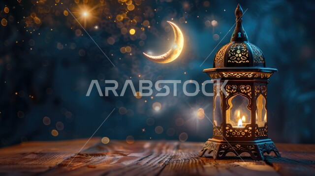 فانوس معدني عربي قديم مزخرف ومضيء على قطعة خشبية، ديكورات وزينة رمضان المبارك، تصاميم و زخارف دينية اسلامية، الاحتفال بقدوم شهر الخير والبركة، استقبال الأجواء الرمضانية الروحانية