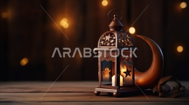  استقبال الأجواء الرمضانية الروحانية، فانوس معدني عربي قديم مزخرف ومضيء على قطعة خشبية، ديكورات وزينة رمضان المبارك، تصاميم و زخارف دينية اسلامية، الاحتفال بقدوم شهر الخير والبركة