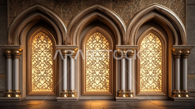 خلفية جدارية على الطراز المعماري المغولي الإسلامي، الفن الهندسي العصري الحديث، زخارف معمارية عربية مرسومة على شكل اقواس على جدار من الطوب للمسجد، زخارف ملونة على الطراز الاسلامي, تصاميم وديكورات دينية