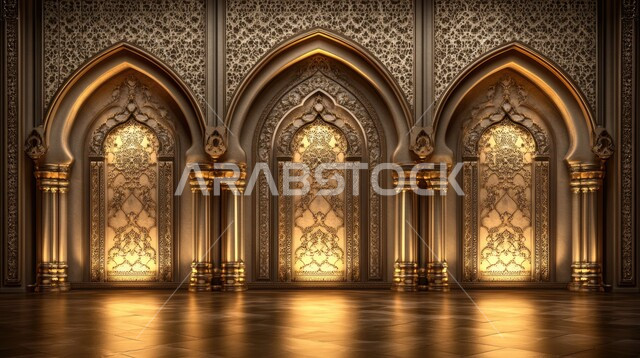 خلفية جدارية على الطراز المعماري المغولي الإسلامي، الفن الهندسي العصري الحديث، زخارف معمارية عربية مرسومة على شكل اقواس على جدار من الطوب للمسجد، زخارف ملونة على الطراز الاسلامي, تصاميم وديكورات دينية