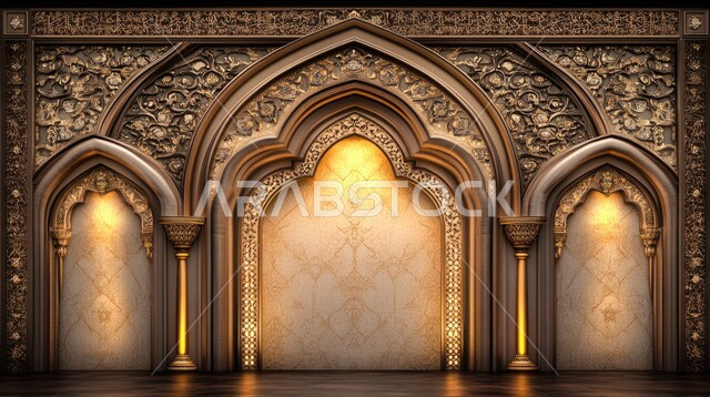 خلفية جدارية على الطراز المعماري المغولي الإسلامي، الفن الهندسي العصري الحديث، زخارف معمارية عربية مرسومة على شكل اقواس على جدار من الطوب للمسجد، زخارف ملونة على الطراز الاسلامي, تصاميم وديكورات دينية