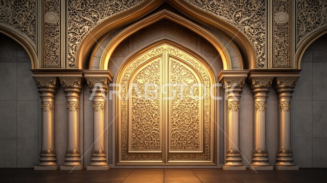 خلفية جدارية على الطراز المعماري المغولي الإسلامي، الفن الهندسي العصري الحديث، زخارف معمارية عربية مرسومة على شكل اقواس على جدار من الطوب للمسجد، زخارف ملونة على الطراز الاسلامي, تصاميم وديكورات دينية