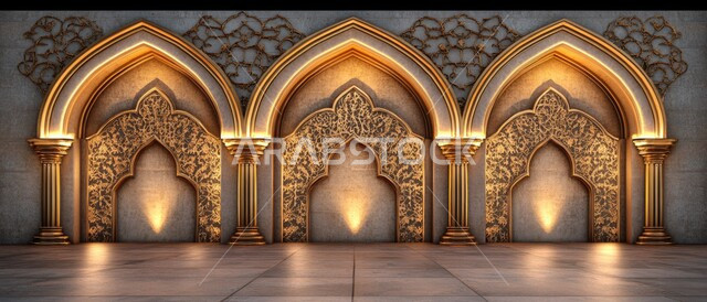 Islamic Mughal Architectural Style Mural, Modern Art, Arabic Architectural Ornaments Drawn In The Form Of Arches On Brick Wall Of Mosque, Colorful Islamic Ornaments, Religious Designs And Decorations