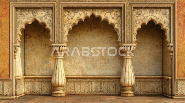 Islamic Mughal Architectural Style Mural, Modern Art, Arabic Architectural Ornaments Drawn In The Form Of Arches On Brick Wall Of Mosque, Colorful Islamic Ornaments, Religious Designs And Decorations