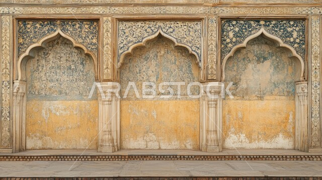 Islamic Mughal Architectural Style Mural, Modern Art, Arabic Architectural Ornaments Drawn In The Form Of Arches On Brick Wall Of Mosque, Colorful Islamic Ornaments, Religious Designs And Decorations