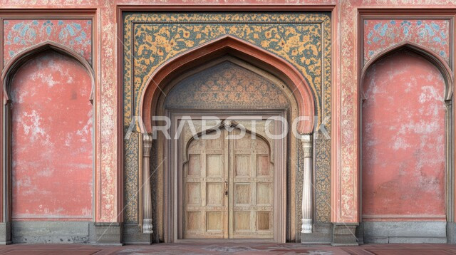 Islamic Mughal Architectural Style Mural, Modern Art, Arabic Architectural Ornaments Drawn In The Form Of Arches On Brick Wall Of Mosque, Colorful Islamic Ornaments, Religious Designs And Decorations