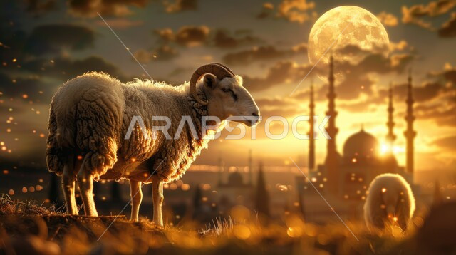 الاحتفال بالمناسبات و الأعياد الدينية، رسوم توضيحية لخاروف أبيض على الأعشاب الذهبية, أضاحي و قربان عيد الأضحى المبارك ,مزارع الخرفان و الأغنام في المملكة العربية السعودية, تربية المواشي والحيوانات في المحميات الطبيعيه، خلفية المساجد الاسلامية