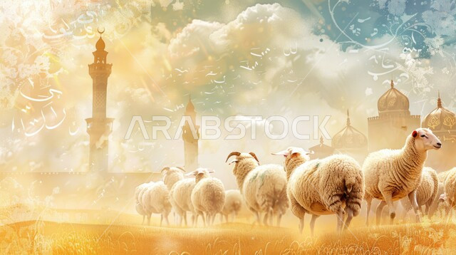 الاحتفال بالمناسبات و الأعياد الدينية، رسوم توضيحية لمجموعة خرفان بيضاء اللون تقف على على الأعشاب الذهبية, أضاحي و قربان عيد الأضحى المبارك ,مزارع الخرفان و الأغنام في المملكة العربية السعودية, تربية المواشي والحيوانات في المحميات الطبيعيه، خلفية المساجد الاسلامية