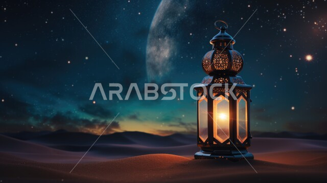 زينة و إضاءة الاعياد والمناسبات الدينية، الاستعداد لاستقبال شهر رمضان المبارك، فانوس معدني مزخرف مضيء وسط الرمال، الكثبان الرملية والبيئة الصحراوية في المناطق البرية في المملكة العربية السعودية
