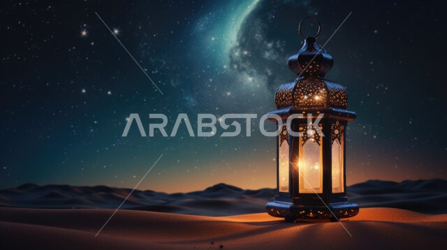 Decorations and lighting for religious holidays and occasions, preparing to welcome the holy month of Ramadan, a decorated metal lantern illuminated in the middle of the sand, sand dunes and desert environment in the wilderness areas of the Kingdom of Saudi Arabia