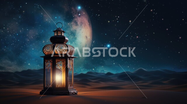 زينة و إضاءة الاعياد والمناسبات الدينية، الاستعداد لاستقبال شهر رمضان المبارك، فانوس معدني مزخرف مضيء وسط الرمال، الكثبان الرملية والبيئة الصحراوية في المناطق البرية في المملكة العربية السعودية
