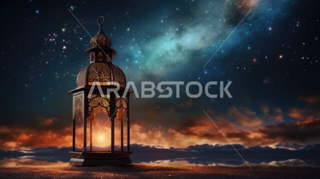 زينة و إضاءة الاعياد والمناسبات الدينية، الاستعداد لاستقبال شهر رمضان المبارك، فانوس معدني مزخرف مضيء وسط الرمال، الكثبان الرملية والبيئة الصحراوية في المناطق البرية في المملكة العربية السعودية