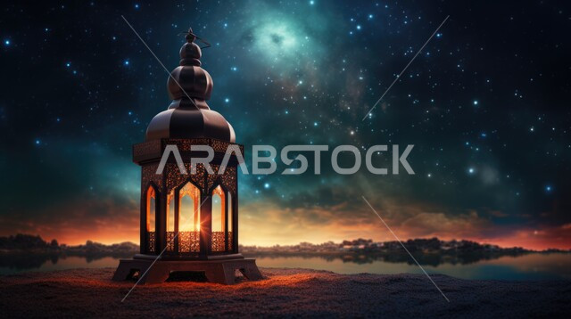 زينة و إضاءة الاعياد والمناسبات الدينية، الاستعداد لاستقبال شهر رمضان المبارك، فانوس معدني مزخرف مضيء وسط الرمال، الكثبان الرملية والبيئة الصحراوية في المناطق البرية في المملكة العربية السعودية