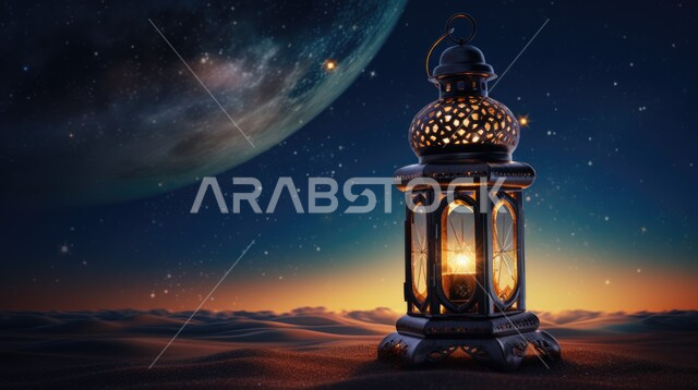 زينة و إضاءة الاعياد والمناسبات الدينية، الاستعداد لاستقبال شهر رمضان المبارك، فانوس معدني مزخرف مضيء وسط الرمال، الكثبان الرملية والبيئة الصحراوية في المناطق البرية في المملكة العربية السعودية