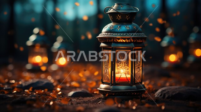 زينة و إضاءة الاعياد والمناسبات الدينية، الاستعداد لاستقبال شهر رمضان المبارك، فانوس معدني مزخرف مضيء وسط المرتفعات والقمم والتشكلات الصخرية في المملكة العربية السعودية