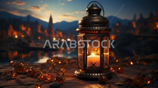 زينة و إضاءة الاعياد والمناسبات الدينية، الاستعداد لاستقبال شهر رمضان المبارك، فانوس معدني مزخرف مضيء وسط المرتفعات والقمم والتشكلات الصخرية في المملكة العربية السعودية