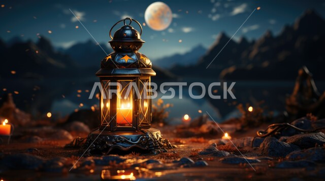 زينة و إضاءة الاعياد والمناسبات الدينية، الاستعداد لاستقبال شهر رمضان المبارك، فانوس معدني مزخرف مضيء وسط المرتفعات والقمم والتشكلات الصخرية في المملكة العربية السعودية