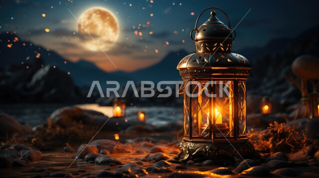 زينة و إضاءة الاعياد والمناسبات الدينية، الاستعداد لاستقبال شهر رمضان المبارك، فانوس معدني مزخرف مضيء وسط المرتفعات والقمم والتشكلات الصخرية في المملكة العربية السعودية