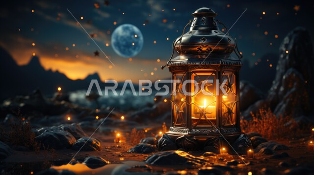 زينة و إضاءة الاعياد والمناسبات الدينية، الاستعداد لاستقبال شهر رمضان المبارك، فانوس معدني مزخرف مضيء وسط المرتفعات والقمم والتشكلات الصخرية في المملكة العربية السعودية